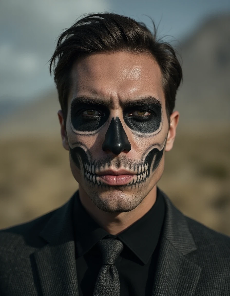 long shot scenic professional photograph of man  <lora:skullmakeup:1> skullmakeup, perfect viewpoint, highly detailed, wide-angle lens, hyper realistic, with dramatic sky, polarizing filter, natural lighting, vivid colors, everything in sharp focus, HDR, UHD, 64K