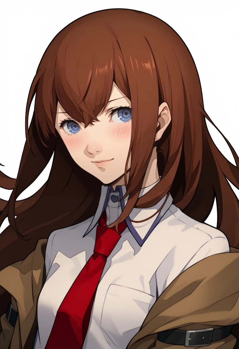 score_9, score_8_up, score_7_up, source_anime, 1girl, solo, smile, blush
<lora:zs_P3ReloadPortraitsXL:1> p3reloadportraits, portrait, white background
<lora:steinsgate_makise_ponyXL:1> makise kurisu, brown jacket, off shoulder, white shirt, red necktie,