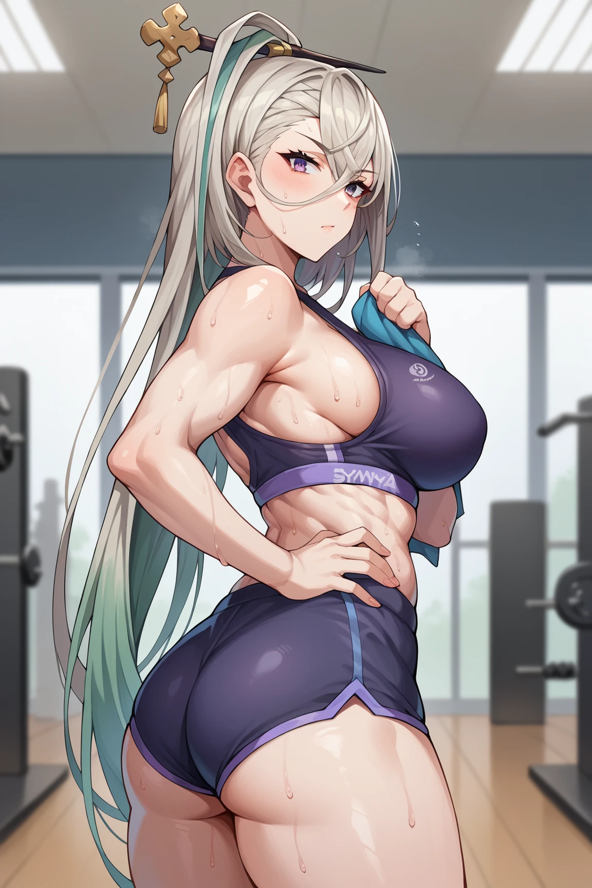 score_9, score_8_up, score_7_up, score_6_up, source_anime, solo, 1girl, mature female, huyanzhourd, large breasts, white hair, streaked hair, green hair, multicolored hair, very long hair, purple eyes, hairpin, pantsleg, gym, toned, sport bra, shorts, thighs, thigh gap, ass, sweat, gym, blurry background, twisted torso, hand up, hips, hand on own hip, holding towel <lora:HuyanZhuoPony:1>