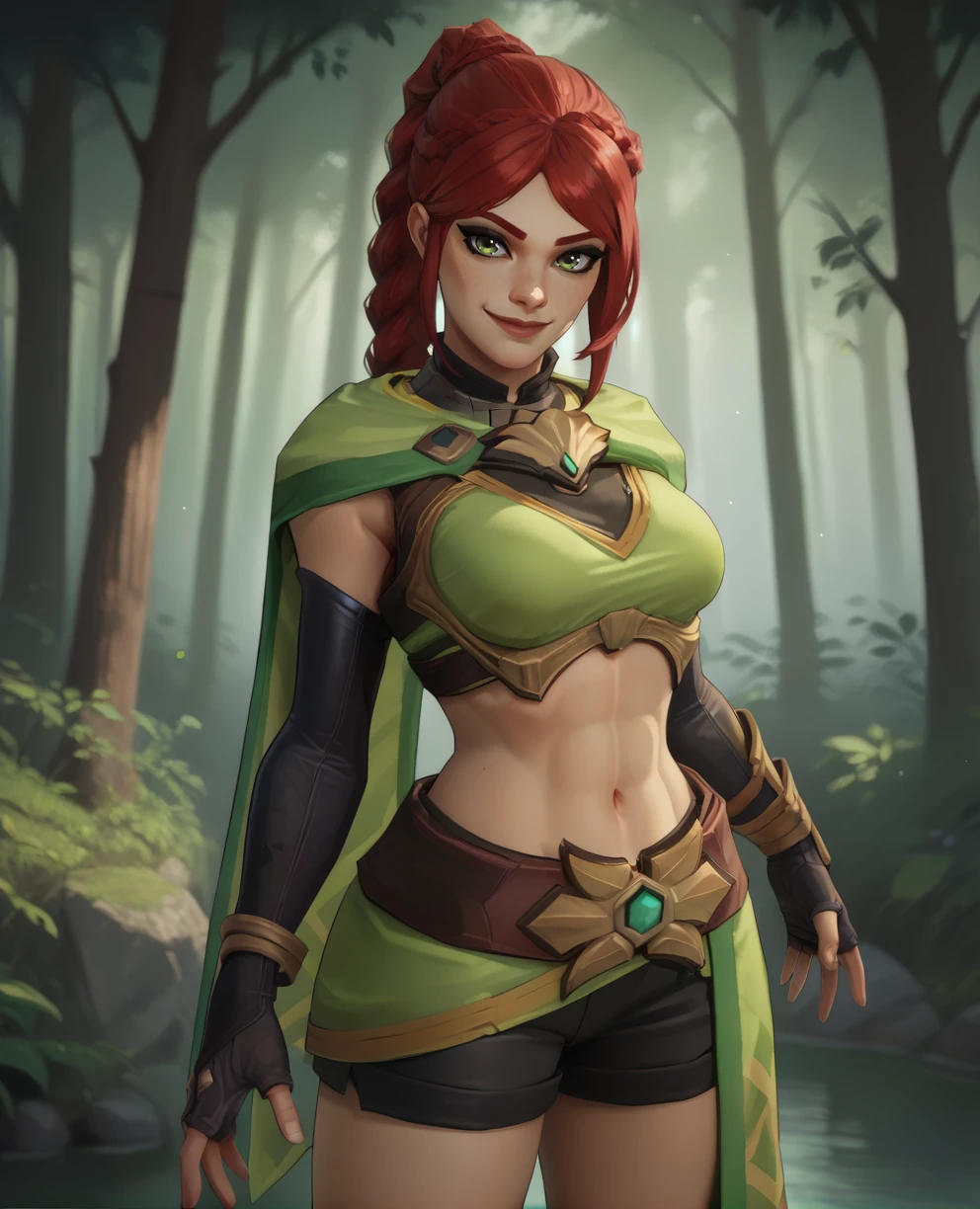 score_9,score_8_up,
Cassiexl,red hair,bangs,braided ponytail,green eyes,looking at viewer,
crop top,fingerless elbow gloves,short green cape,black shorts,
standing,solo,smiling,
outdoors,forest,
<lora:CassieXL:0.9>,