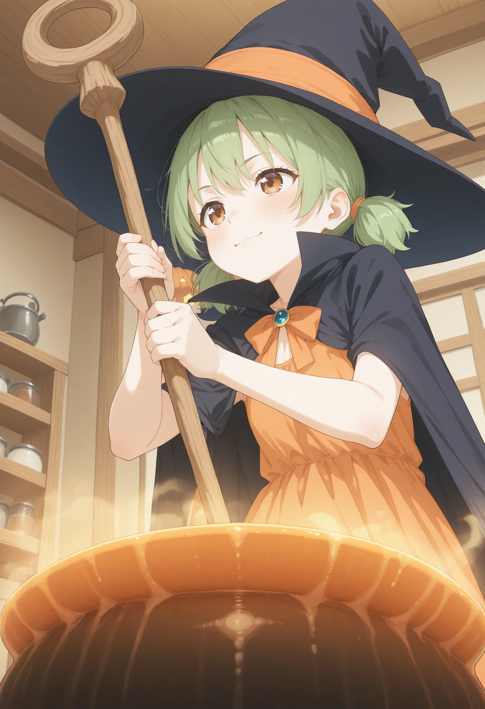 1girl,(sho \(sho lwlw\):0.7),(toosaka asagi:0.5),(sincos:0.3),solo,
masterpiece,best quality,absurdres,detailed skin,anime colored,anime screencap,official art,
stirring, cauldron, holding, witch hat, standing, witch, indoors, fire, staff , halloween ,jack-o'-lantern,halloween costume, cape,night, <lora:stirring_XL_v1:0.8>
from below, portrait, looking up, green hair, brown eyes,happy, closed mouth, short twintails hair,,