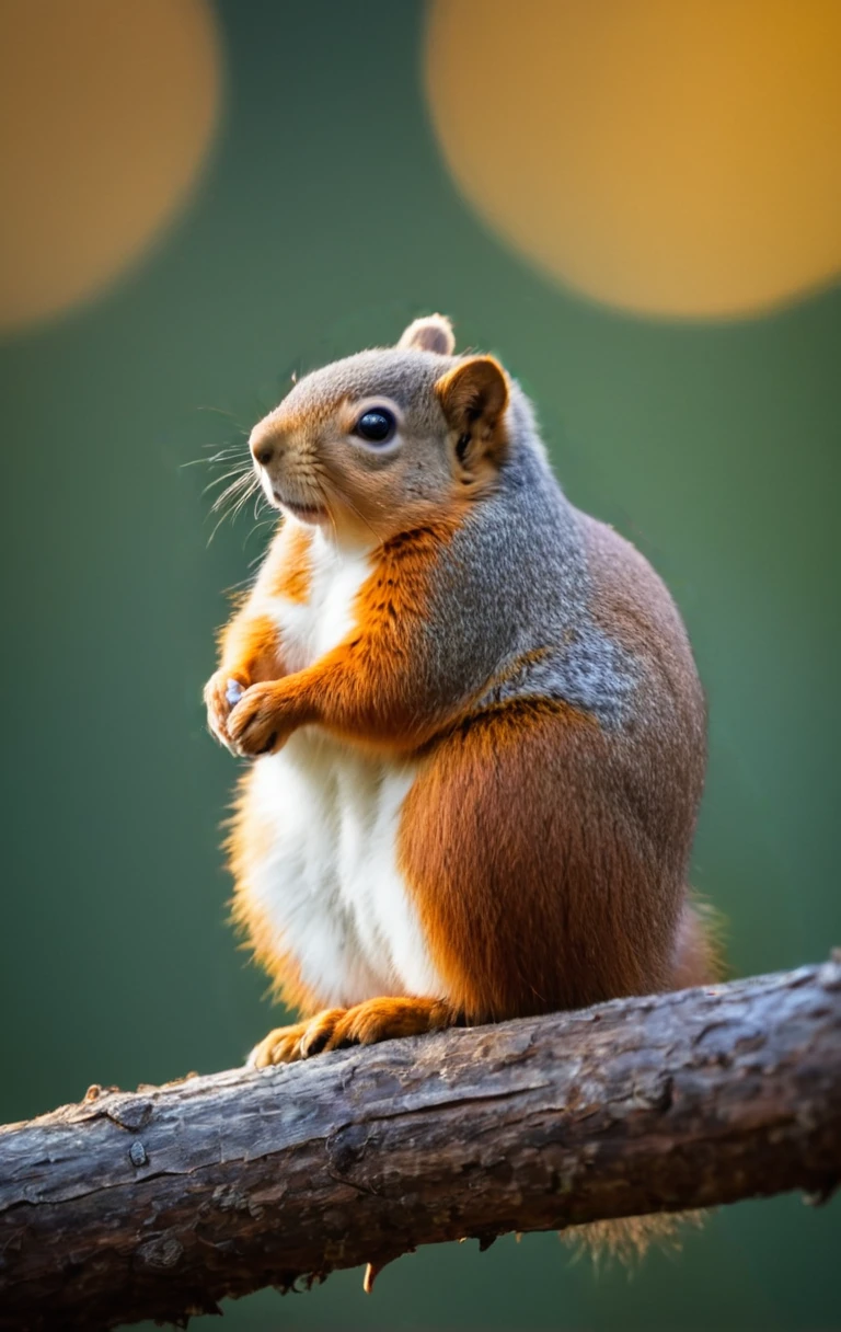 fat squirrel sitting on branch, depth of field, side profile