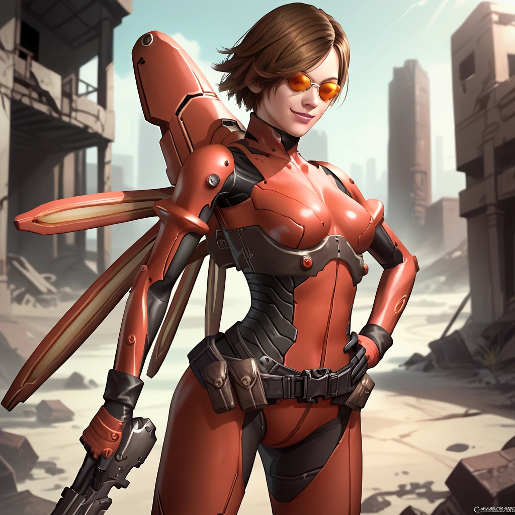 score_9, score_8_up, score_7_up, 1girl, solo, uncensored, vanessaschneider, smile, confident, holding gun, hand on hip, short brown hair, mechanical wings, red bodysuit, skin tight, science fiction, sunglasses, tinted eyewear, outdoors, wasteland, ruins <lora:VanessaSchneiderXL_v1.0:1>