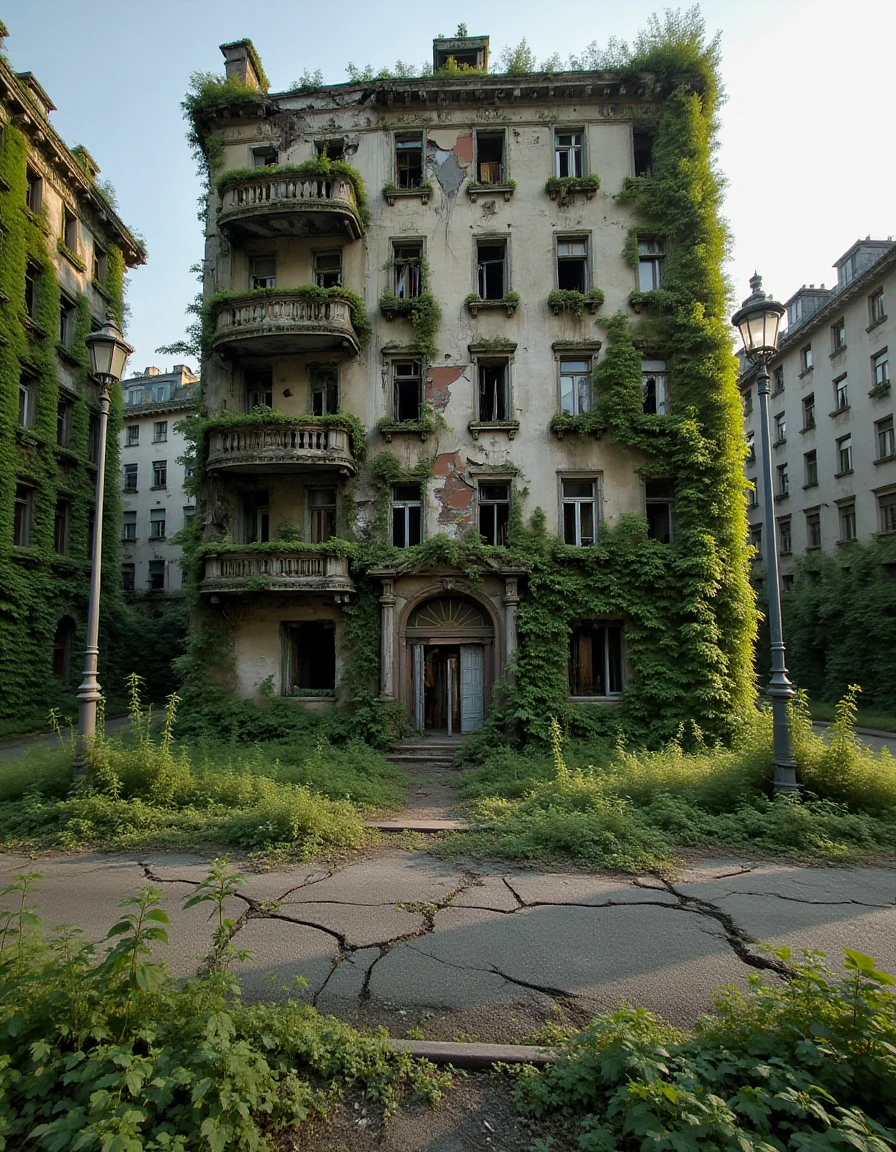 abndnd_plcs_rclmd, <lora:urban-decay-reclaimed_v10_rank64_bf16-step02160:1>,A ruined apartment building on a silent street, its facade crumbling and the balconies overgrown with weeds. The windows are shattered, and the front door hangs crookedly from its hinges. The sidewalks are cracked, and the streetlamps flicker weakly, casting long shadows in the empty street.