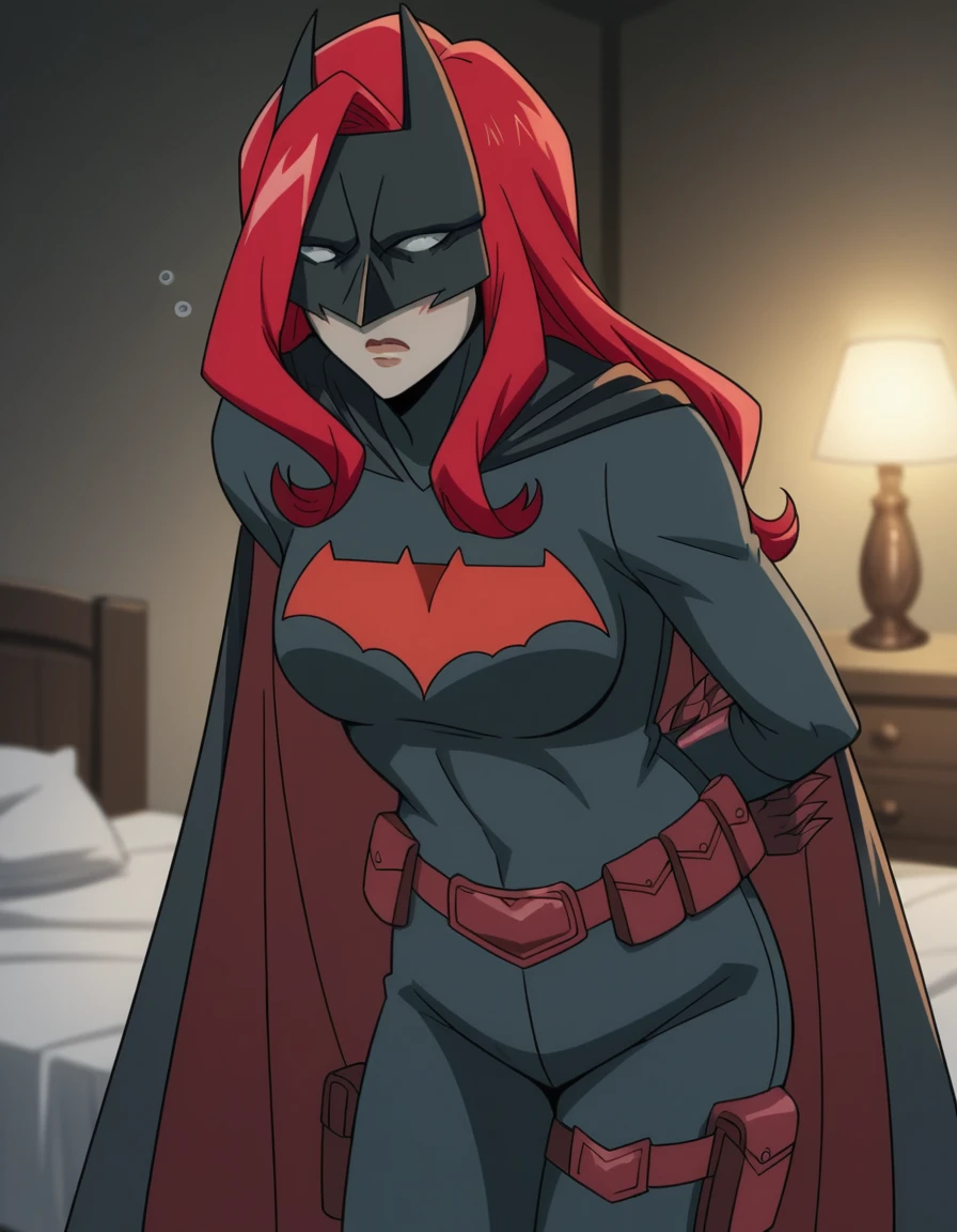Full body image Scarlet Witch lying on her back masturbating with one hand with her legs up and burning them with the other arm showing her ass black pants stuck torn and revealing her vagina a tragic scene in the background with destroyed buildings and red explosions red magic in your hands