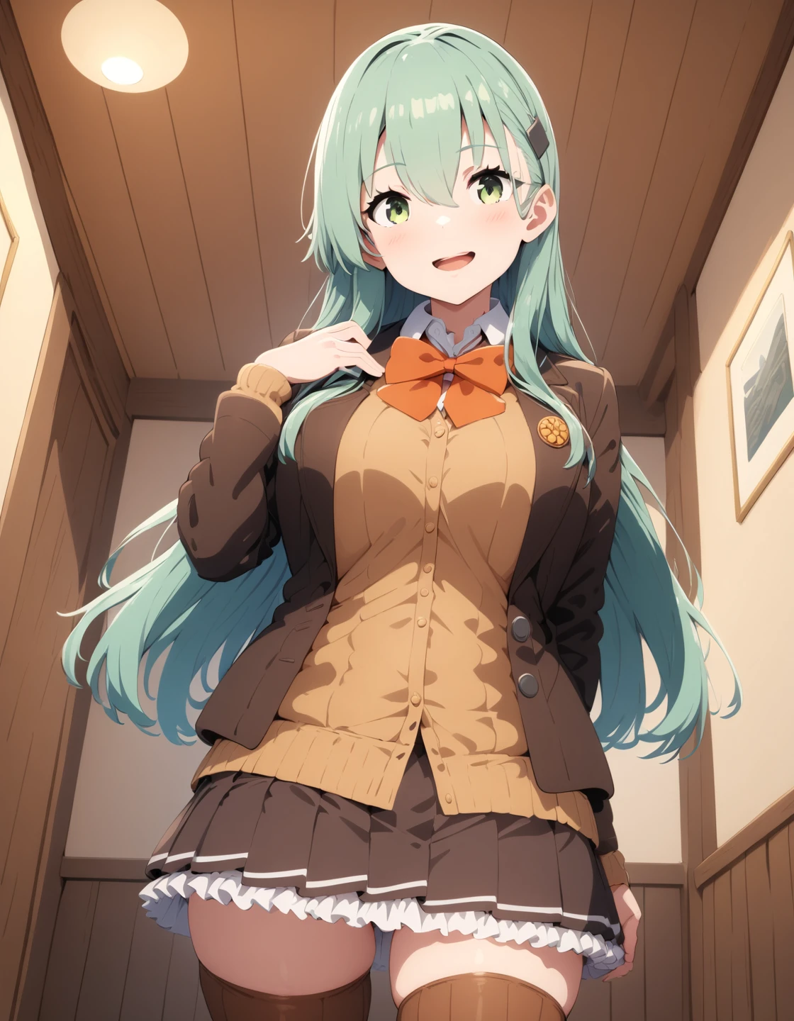 (masterpiece, best quality, very aesthetic, absurdres,ultra detailed, highres:1.2),cowboy shot,room,
1girl,solo, light green hair, green eyes, large breasts, smile,open mouth,
<lora:zr_suzuyaA:1>, suzuyaKC, hairclip, brown skirt, pleated skirt, brown thighhighs, jacket, cardigan, school uniform, bowtie,