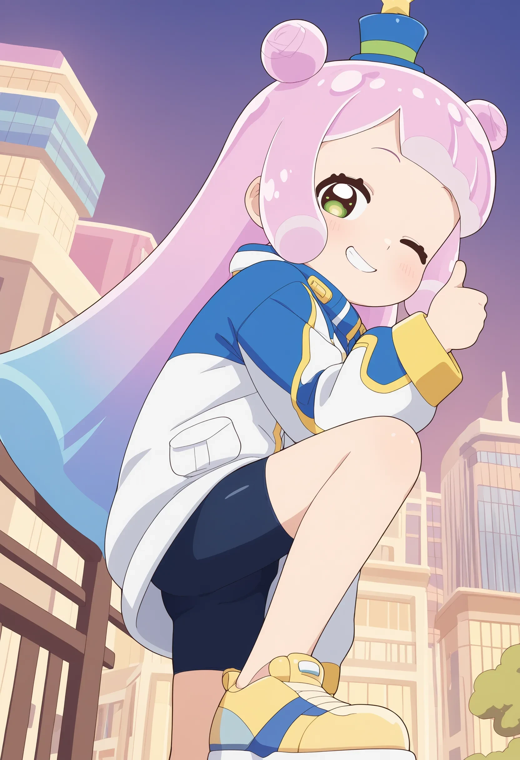 1girl, puniru \(puniru wa kawaii slime\), pink hair, blue hair, multicolored hair, double bun, long hair, green eyes, mini hat, jacket, black bike shorts, yellow shoes, platform footwear, 
standing ,thumbs up, from side, looking at viewer, head tilt, Naughty, A mischievous grin, a wink, and a playful attitude., solo, solo focus, outdoors, city, 
masterpiece, best quality, absurdres, unity 8k wallpaper, official art, official style, source_anime, uncensored, anime screencap, anime coloring, (ai-generated:0.6) <lora:PKS-puniru_XL(ill)v10t:1>