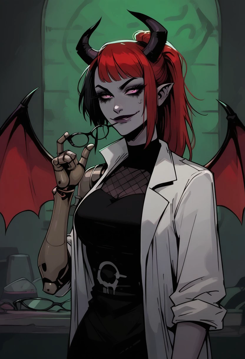 score_9, score_8_up, score_7_up, pureerosface_v1 BREAK, ((1 girl, grey skin, goth, goth girl, goth makeup, grey colored skin, red hair, demon girl, succubus, horns, wings, bat wings, demon wings, red wings, lab coat, coat, single mechanical arm, glasses, round glasses, ponytail, high taied ponytail, side bangs, Oneprostethicarm, pink eyes, smug, smile, closed mouth, amputee, prosthesis, prosthetic arm, medium breasts, hud_b1te_gl4sses, eyewear removed, holding eyewear, parted lips, biting glasses))