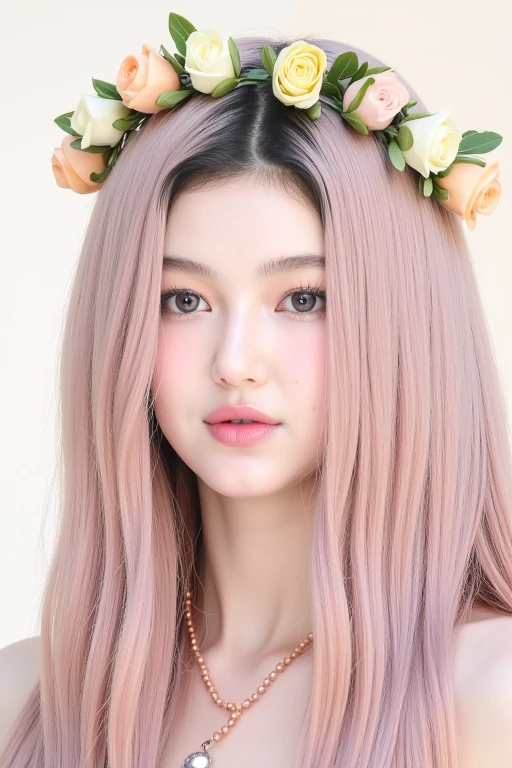 a high-resolution, softly lit photograph featuring a young Asian woman with a delicate, ethereal appearance. She has long, wavy hair in a soft pink hue, styled with soft color wreath that frame her face. Her skin is a smooth, pale complexion, and her eyes are a striking feature, with a subtle, shimmery effect that catches the light. Her lips are painted a soft, muted pink, and she wears a delicate, beaded necklace around her neck. The background is a soft, creamy white, which helps to emphasize the subject's delicate features and the soft pastel colors of her hair and accessories. The image is rich in texture and detail, with a focus on the subject's serene and dreamy expression. The overall aesthetic is whimsical and romantic, evoking a sense of innocence and vulnerability. The photograph's soft focus and pastel colors create a dreamy, ethereal atmosphere, perfect for a fantasy or fairy tale-inspired setting. The subject's delicate features and accessories, such as the floral headpiece, add to the enchanting and otherworldly quality of the image. The style is reminiscent of high-fashion photography, with a focus on delicate, feminine beauty. <lora:Tissue_Danielle_Flux_v1.1-LowRep:1>