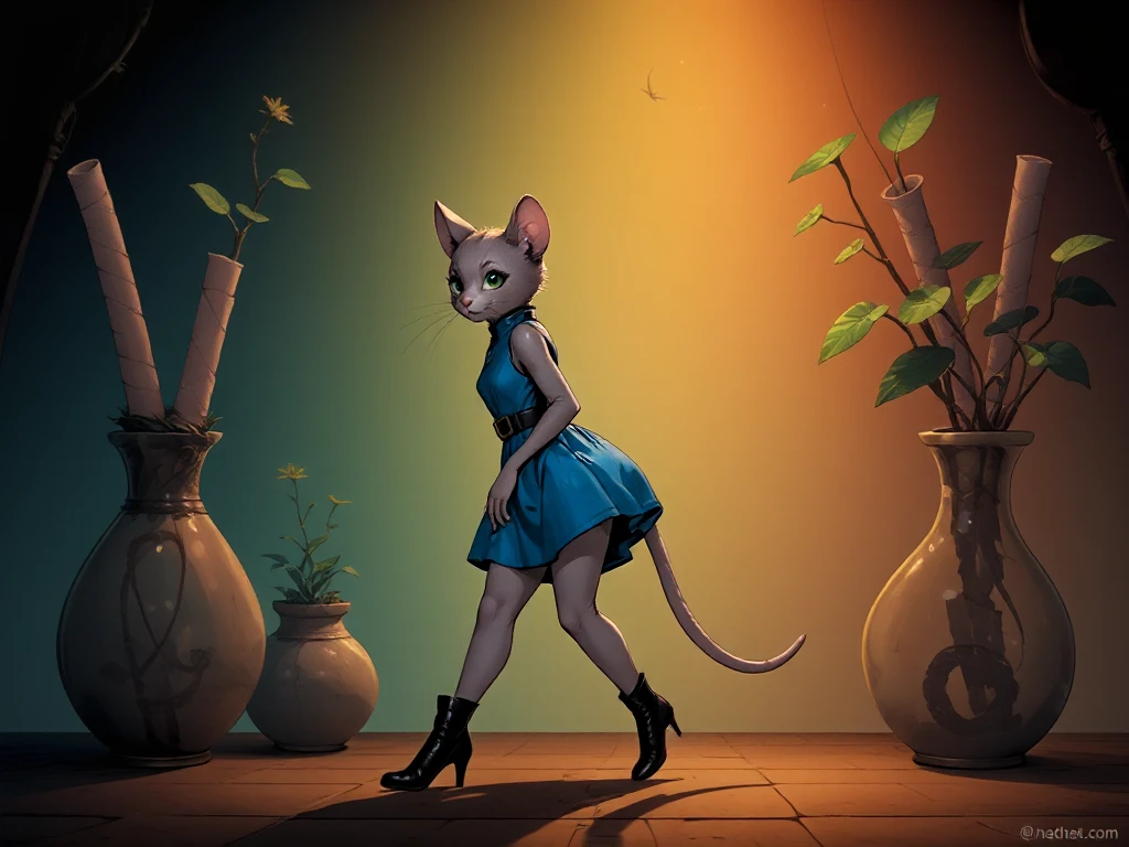 (dark intricate 90ies anime style, color gradients, almost like a painting:1.12), (mature woman, small waist:0.8), sexy and sensual, walking upright, adult anthro cat, blue dress, big boobs, black leather boots, sexy slender legs, grey skin. (revealing:1.05)

(cylindrical plants growing from vases:1.1), (plants with green rounded tips:0.6)

(outside in town, lights on the houses, stone streets:0.4)