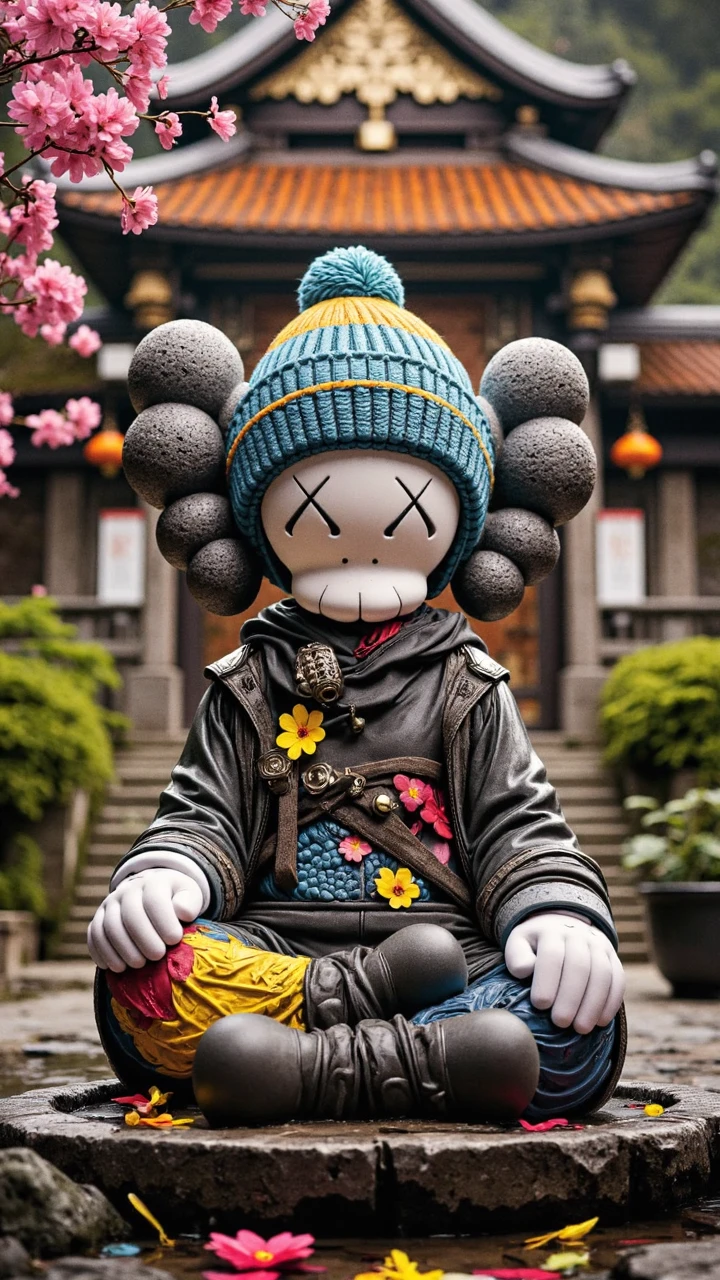 (kaws), A full body portrait shot of a cyborg kaws figurine knitted beanie looking directly into the camera, sitting in a lotus posistion in the middle of a buddhist temple garden.