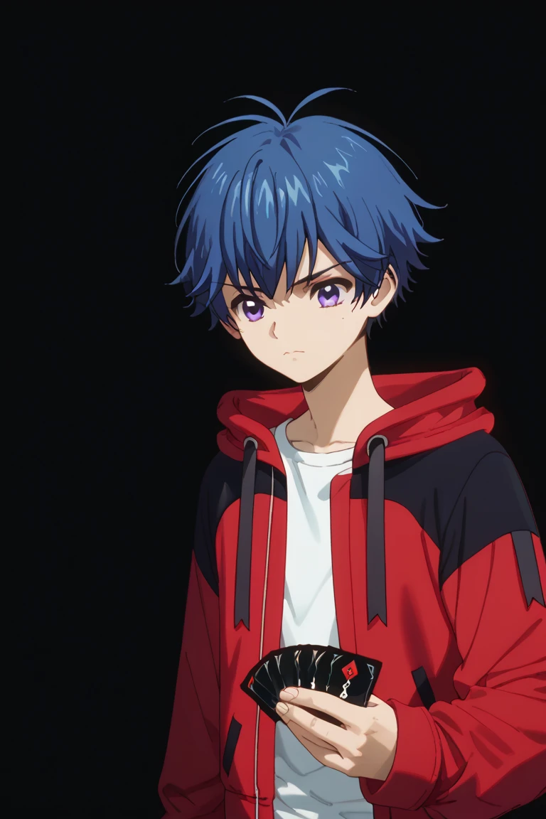 score_9, score_8_up, score_7_up, score_6_up, yu-yu kondo, blue hair, purple eyes, red hooded jacket, white shirt, open jacket, 1boy, male focus, card, solo, holding card, jacket, shirt, holding