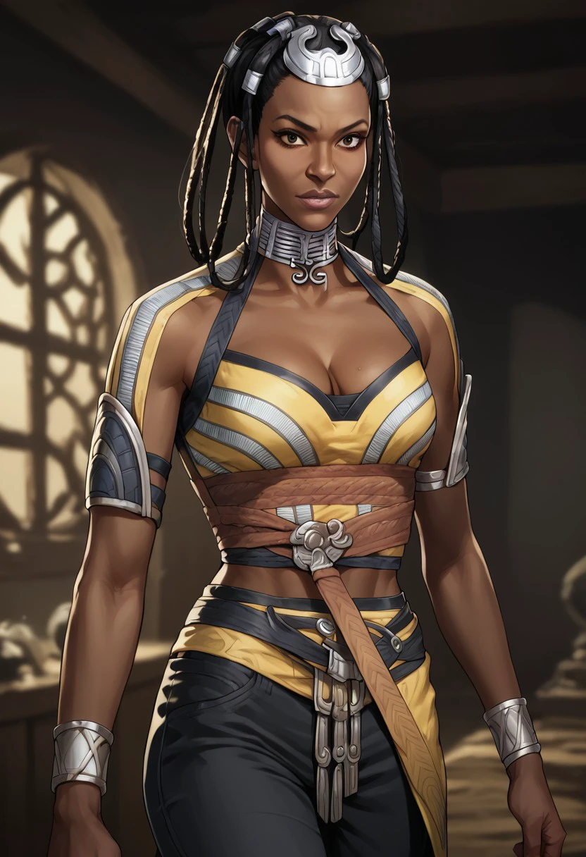 Portrait of African woman with (short black dreadlocks) pulled back, wearing a (heavy orange mechanical armor, power armor, chest only) with large (round orange shoulder pads). a dark green undersuit visible between the armor pieces. (Fur loincloth, barbarian loincloth:1.3), (fur belt, fur boots). (Bare thighs, bare legs, exposed skin:1.2). Badlands background with dead trees. super high quality, super high detail, masterpiece, 4k, 8k, HDR, masters of the universe 