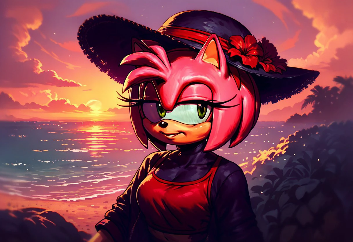 Score_9, score_8_up, score_7_up, score_6_up, score_5_up, score_4_up, hres, anthro, amy rose, hat, solo focus, beach, rating_questionable