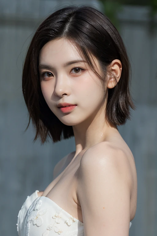 masterpiece, best quality, ultra-detailed, ultra high res, (photorealistic:1.4), raw photo, (realistic:0.2), 8k HDR, realistic cool temperature lighting, (asian:0.2), 1girl, solo, asymmetrical hair, outdoor, day, (simple gray background:1.2), bokeh, (detailed lips), (detailed pores), (detailed skin textures), (detailed face:1.2), (upper body:1.2), a woman in a white strapless tube dress, promotional image, a character portrait,