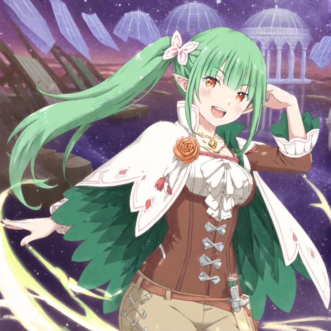 <lora:Shion:1>, shion, has long green hair with a ponytail, her attire consists of a short white cloak with a green diamond-shaped pattern in the inside, a white and brown dress that is like a huntress wears, and white high-end boots, she also adorns an orange rose on her left shoulder, a dagger wrapped around on her hips, and a small gold locket around her neck, solo, looking at viewer, close up