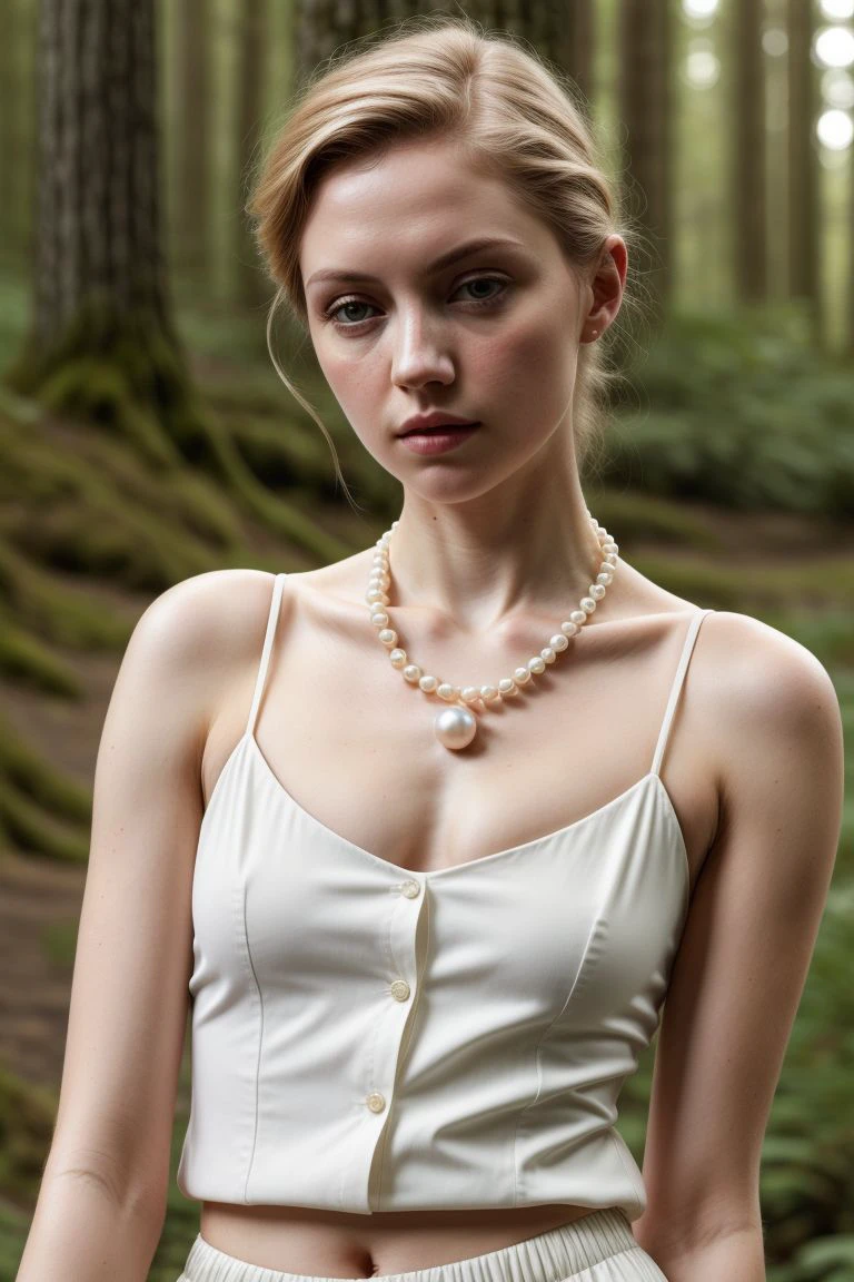 European woman, closeup, (shirt), pants, (cabin in the woods), pearl necklace , ZM_tracy, wide shoulders, perfect face, (contact iris: 1.1), pale skin, skin pores , depth of field