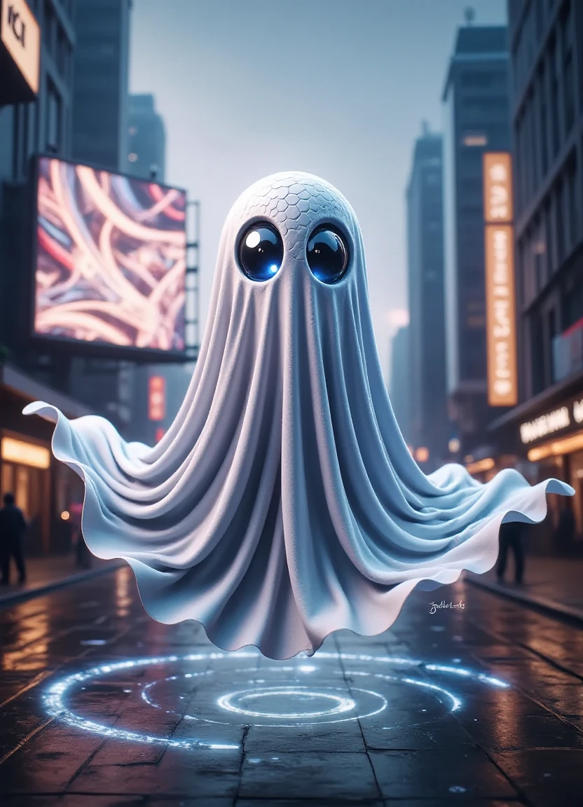 A futuristic cityscape at dusk with a massive DonM5H3375FX billboard in the background, featuring a white ghost wearing a caecilian skin patterned costume, floating in mid-air surrounded by swirling electric lights and holographic advertisements.