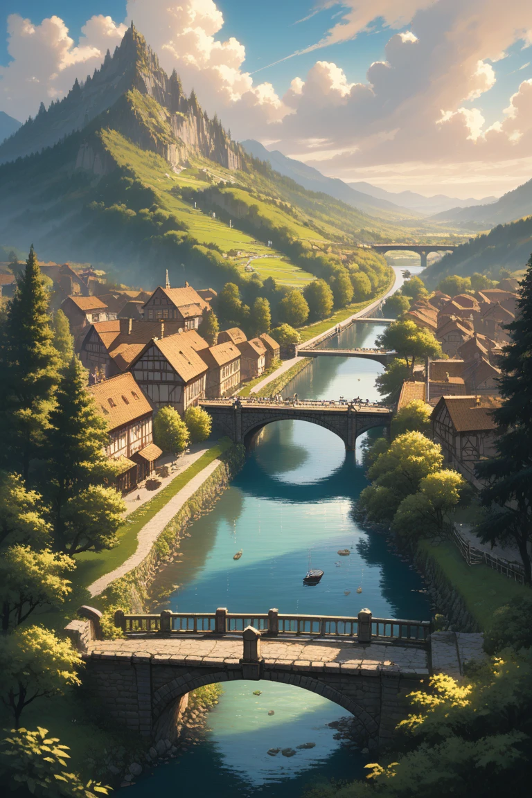 score_9, score_8_up, score_7_up, source_anime, rating_safe, day, natural lighting, medieval, bridge focus, CandiBRIDGE, no humans, mountain, water, river, village, bridge, brown trees, from above, negative space, scenery, intricately detailed illustration, depth of field, atmospheric perspective, realistic shading, brown theme, monochrome, selective coloring