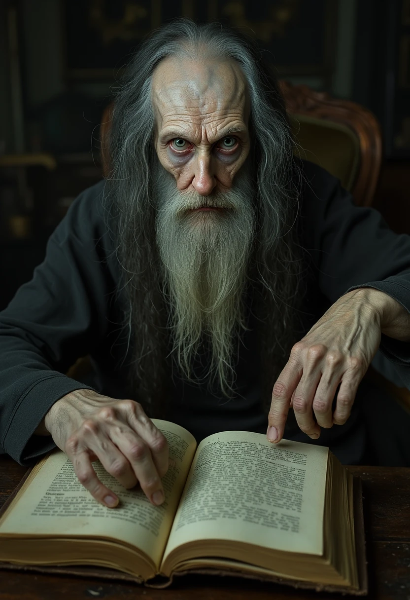 Classical photo of an old warlock, long gray hair, pale crpvns skin with engorged veins, yellowish white eyes with no visible iris, seated between tomes of dark magick, dusty room, dimly lit, analog film, chiaroscuro, dark grainy photo, amazing composition, stunning natural lighting, creepy atmosphere, 35mm, kodachrome