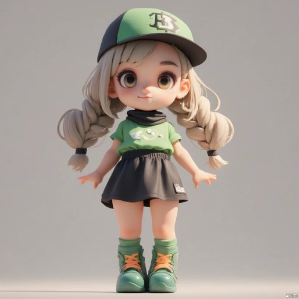 Doll blind box,a cartoon girl with long blonde hair is standing on a gray surface.,She is wearing a green and black cap,a black scarf around her neck,a green t-shirt,and a black skirt with a white logo on it. Her boots are green with orange laces. The ,background is a solid gray color.