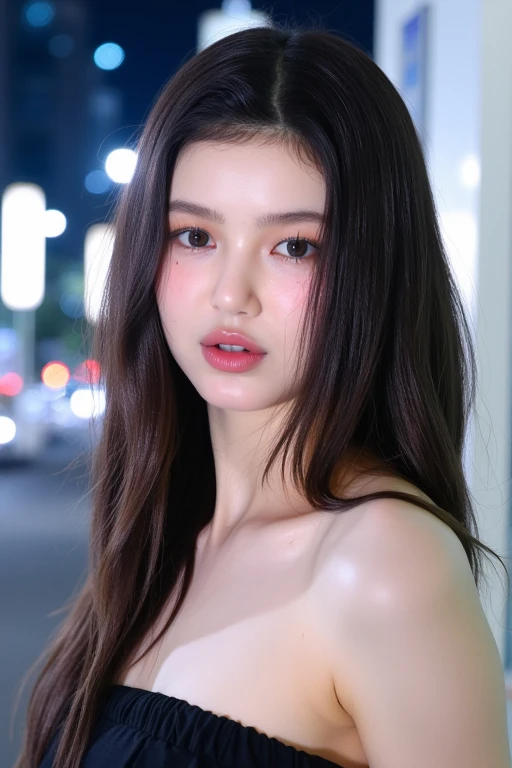 (medium full shot), beautiful korean woman with natural makeup, natural lips, wavy hair, wearing strapless tube dress, city at night background, natural lighting, dslr, soft lighting, high quality, film grain, light reflections, blood vessels, pale skin, skin pores, blood vessels in sclera, detailed skin, realistic skin, skin fuzz, bokeh, (no watermark). <lora:Tissue_Danielle_Flux_v1.1-LowRep:1>