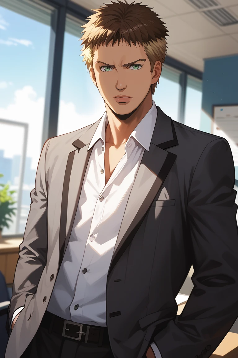 score_9, score_8_up, score_7_up, source_anime, rating_questionable, day, natural lighting, male focus, looking at viewer, hands in pocket, TerasakaAC, brown-blonde_Terasaka_two-tone short hair, green_Terasaka_eyes, formal, suit, CEO businessman boss, serious, sexiest man alive, 1boy, blurry indoors office, dutch angle, intricately detailed illustration, atmospheric perspective, depth of field, realistic shading