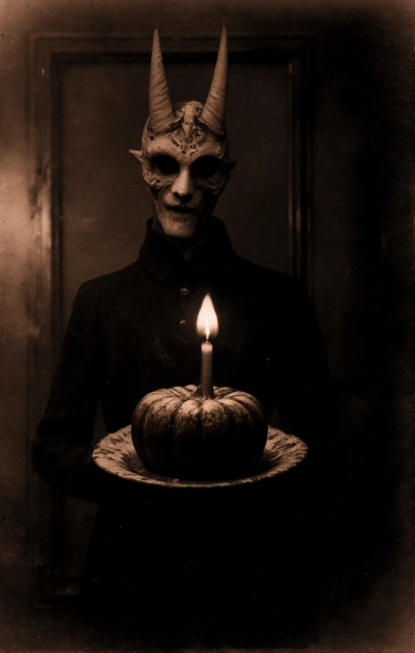 A hauntingly eerie figure stands before a candlelit backdrop donning a mask with elongated horns and an unsettling facial expression. The figure holds a pumpkin-cake adorned with a single lit candle suggesting a juxtaposition of celebration and horror. Grainy and low quality photograph old and haunting. <lora:- Flux1 De-Distilled - temp_haunting_cre_1.0-step00002400:1>