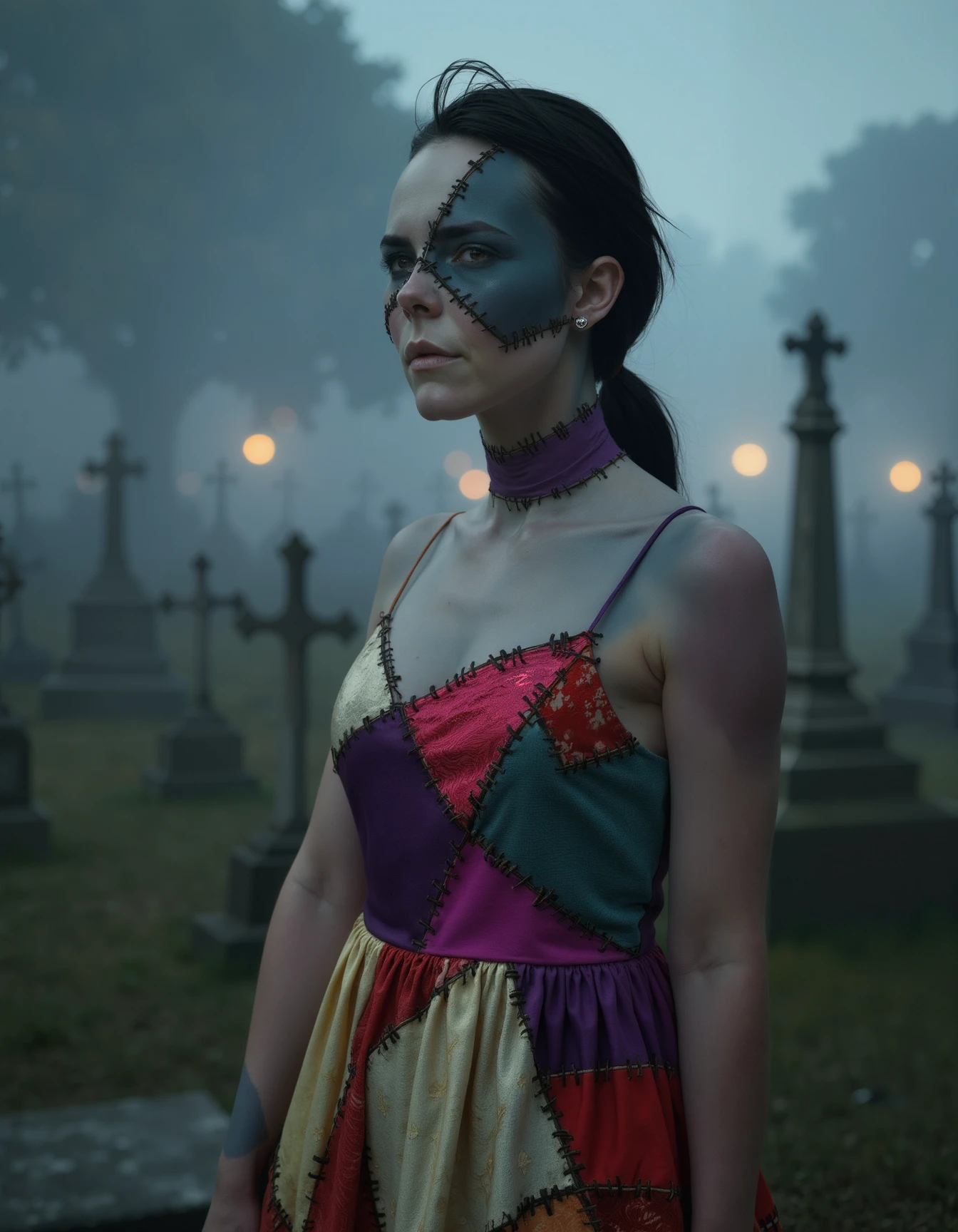 upper body photo of an undead woman wearing a sundress. Her body is covered in patchwork_skin of various colors stitched on with large black thread.  The background is a graveyard with thick fog. It's night time. bokah. Creepy., best quality, 4k, 8k, high resolution, cinematic, vibrant, intricate, Hyperrealistic, high detail, <lora:XLabs Flux Realism LoRA\flux_realism_lora.safetensors:0.8>, <lora:FLUX_Patchwork_Skin_Merge2_Shurik:1>