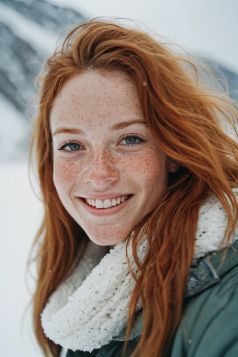 35mm photography portrait of beautiful smiling woman with freckles in a snow-covered mountain