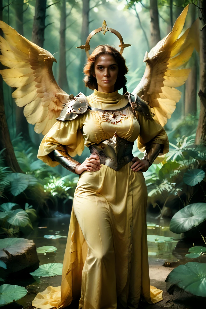 dredd_aasimar, (pin up art of a woman with large massive spread leathery wings, wings on hips, stone skin:1.4), 1girl, solo, mountain peak forest mushrooms, best quality, view from above, full body focus, rating_questionable, score_9, score_8_up, score_8, score_9, score_8_up, score_7_up, score_6_up, embedding:zPDXL3, (beautiful winged milf wearing __color__ woven torso armor, metal shoulder pads:1.2), halo, athletic, wide hips, massive tits, (colored skin, Mexican face, yellow skin:1.2), messy brass hair, leaning over, looking behind:1.2), flirty expression, detailed __color__ eyes, w1ngs