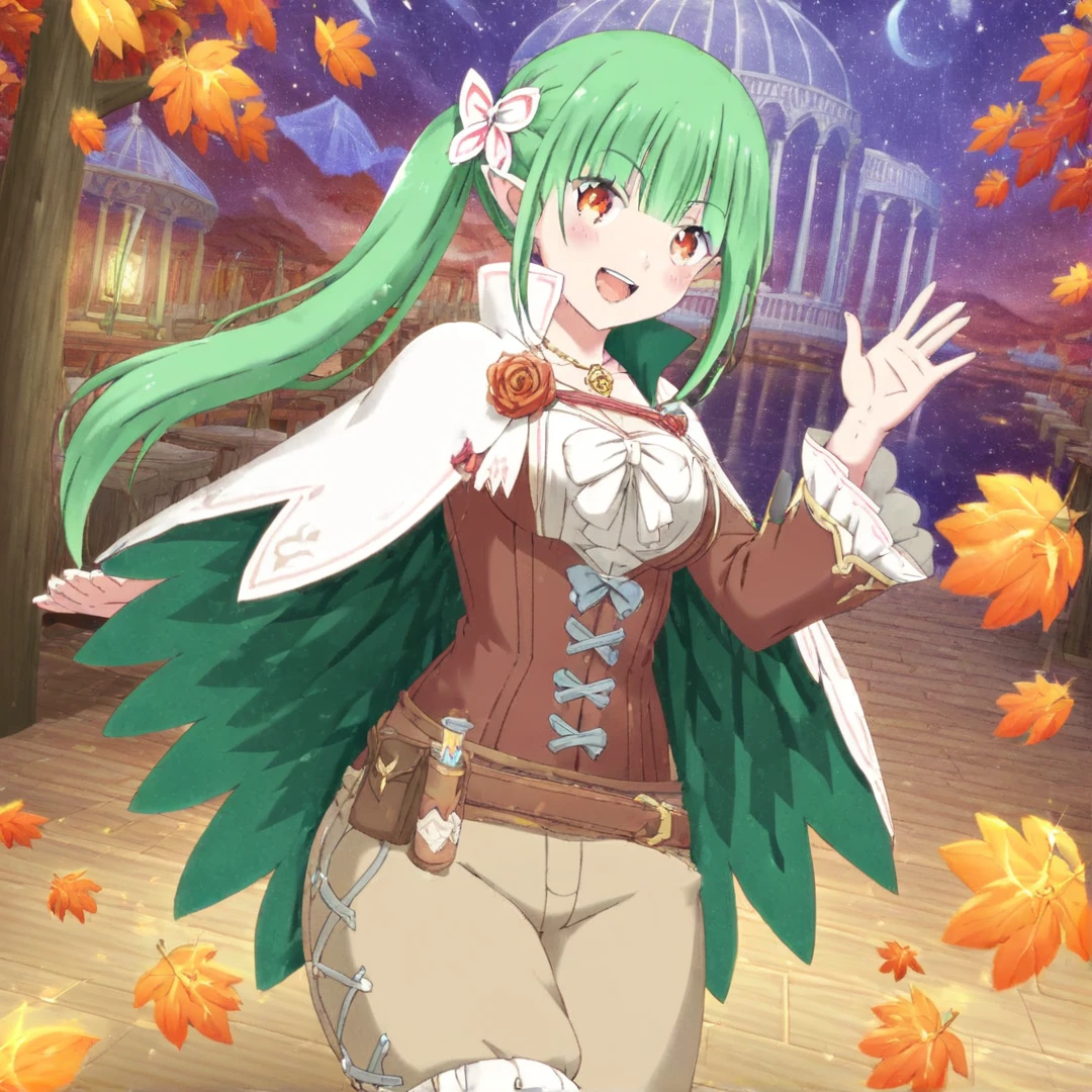 <lora:Shion:1>, shion, has long green hair with a ponytail, her attire consists of a short white cloak with a green diamond-shaped pattern in the inside, a white and brown dress that is like a huntress wears, and white high-end boots, she also adorns an orange rose on her left shoulder, a dagger wrapped around on her hips, and a small gold locket around her neck