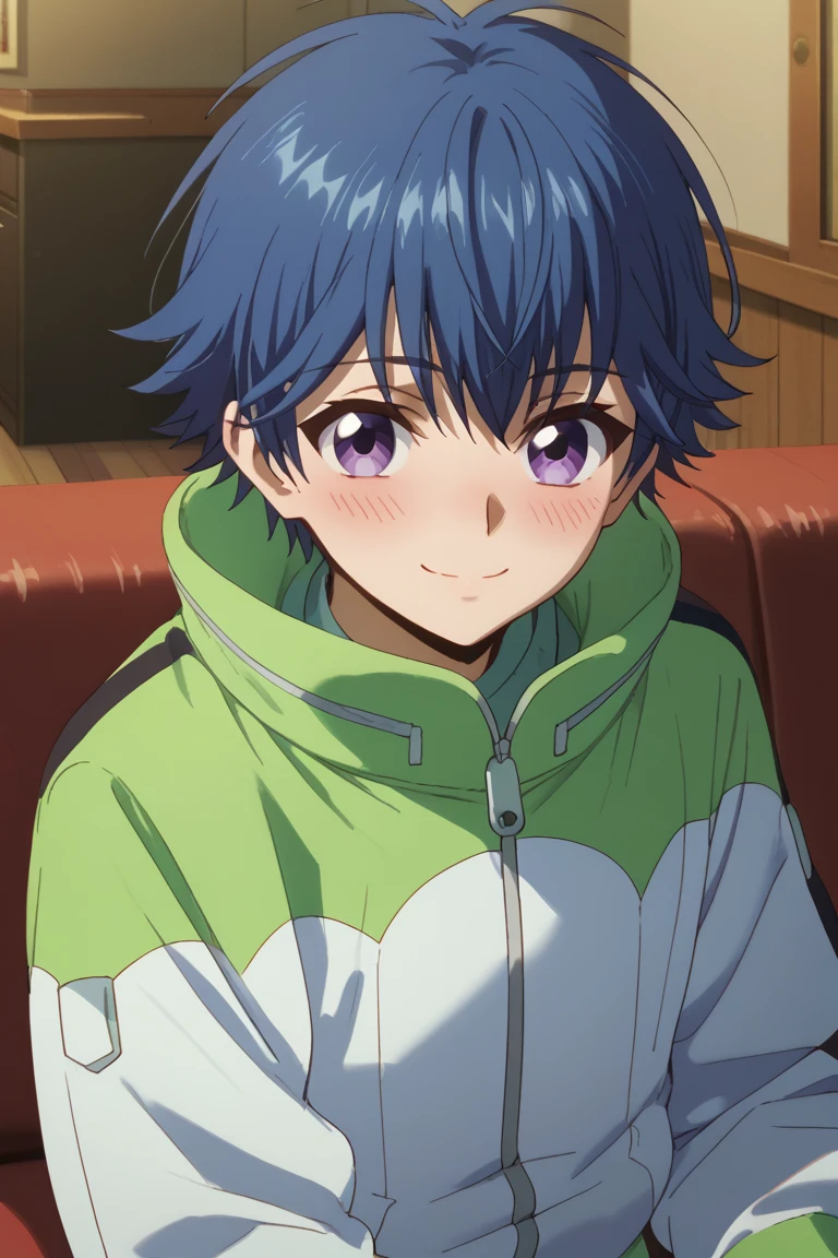 score_9, score_8_up, score_7_up, score_6_up, yu-yu kondo, blue hair, purple eyes, official style, white with green jacket, male focus, 1boy, solo, smile, blush, looking at viewer, couch, jacket, indoors