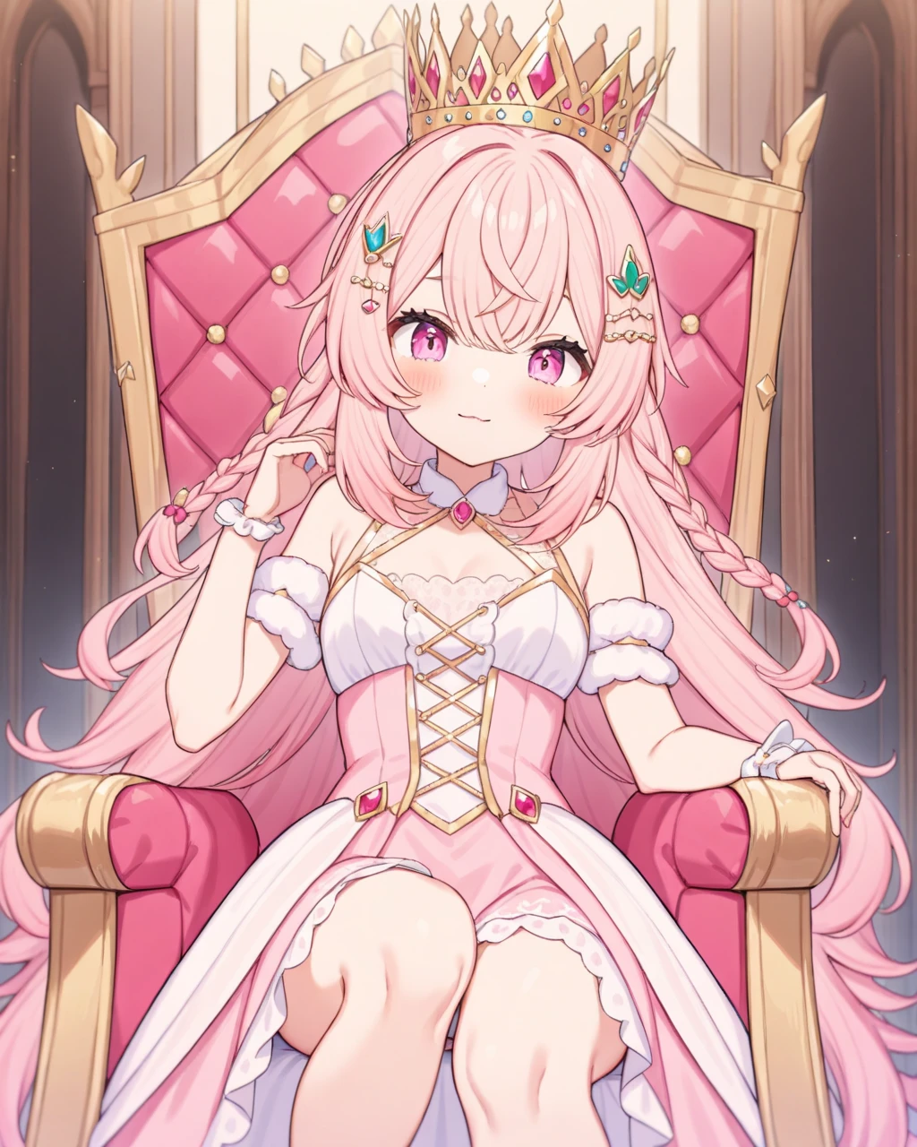 masterpiece, best quality, very aesthetic, absurdres
 pippa, rabbit ears, bangs, virtual youtuber, pink hair, pink eyes, ahoge, looking at viewer, hair ornament, indoors, ((sitting on a throne, queen crown, royal dress, ))
 <lora:PIPPA-XLv2-t4-000003:0.6>