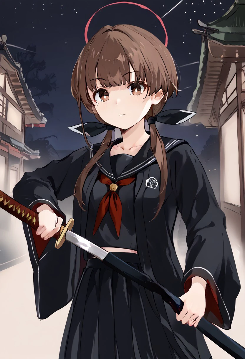 1girl, solo, solo focus, highres, absurdres, Kohane_KV, brown hair, brown eyes, bangs, twintails, low twintails, long hair, halo, hair ribbon, black ribbon,
school uniform, black sailor collar, black serafuku, red neckerchief, pleated skirt, long sleeves, black skirt, wide sleeves, collarbone, black shirt,
looking at viewer, unsheathing, holding weapon, drawing sword, katana, one-handed, sheath,
east asian architecture, night, night sky, dark, backlighting, silhouette,