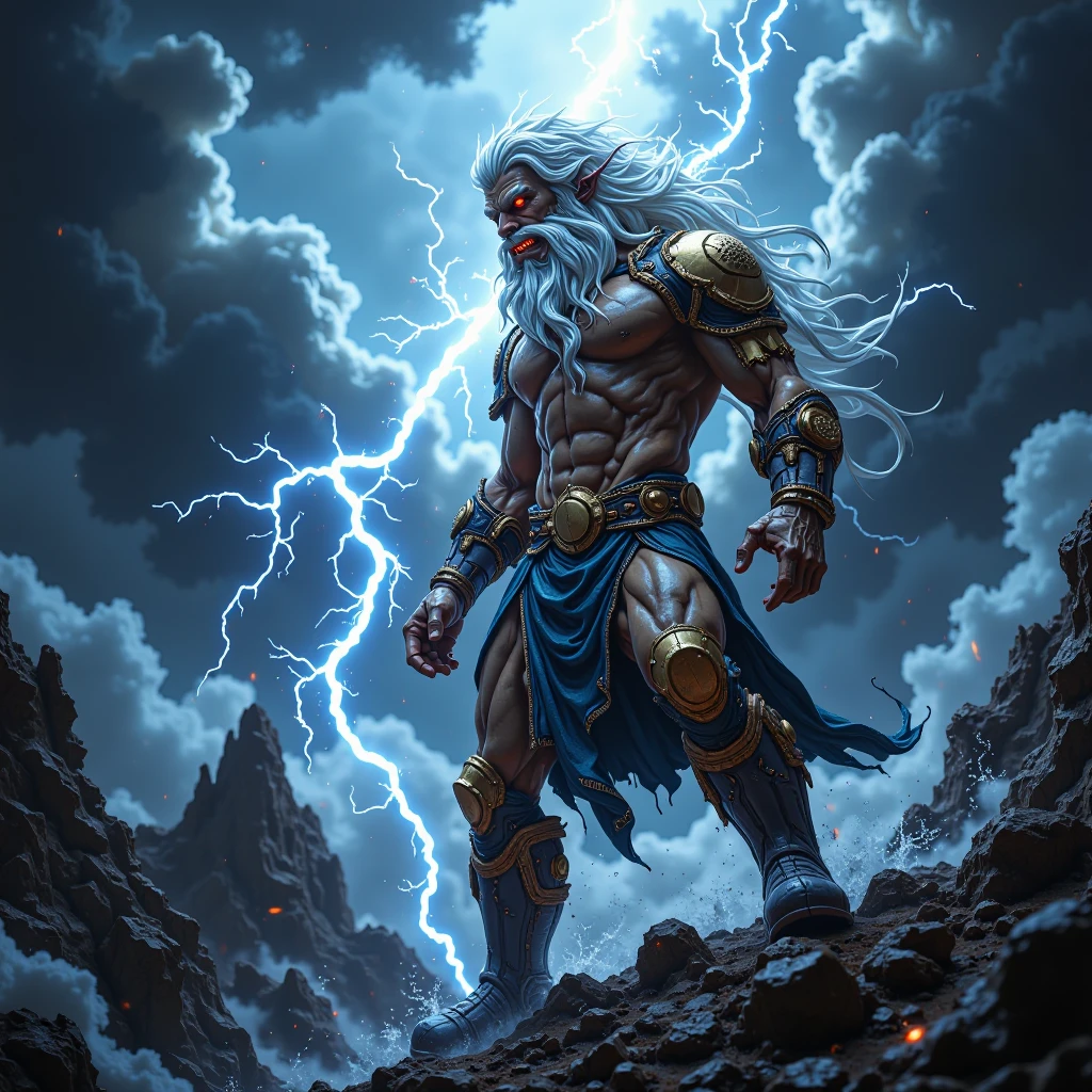 MSKLDJM, Mighty Zeus, standing tall on a stormy mountaintop, eyes glowing with electric power, holding a crackling lightning bolt in his hand, muscular physique, billowing white beard, ancient Greek armor, dark clouds swirling around him, flashes of lightning illuminating the scene, high contrast, epic and powerful pose.