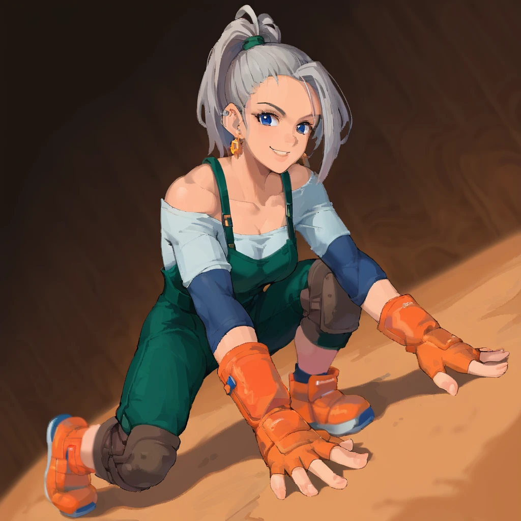 score_9, score_8_up, score_7_up, score_6_up, <lora:Epon_Tobal_-_PonyXL:0.75> solo, 1girl, epon, gloves, knee pads, fingerless gloves, earrings, full body, orange footwear, ponytail, grey hair, orange gloves, collarbone, dark green overalls, default outfit, grey shirt, elbow pads, blue elbow pads, dynamic pose, smile, flexible, dynamic angle, acrobatic, face focus, detailed background, desert <lora:princess_xl_v1:1> <lora:MAMIMI2:1>