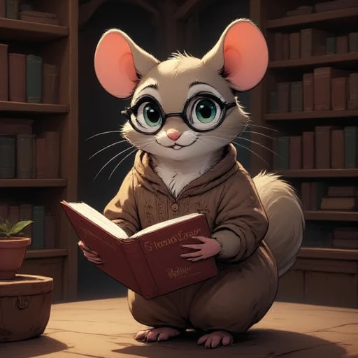 A female squirrel dressed as a librarian with glasses in a den