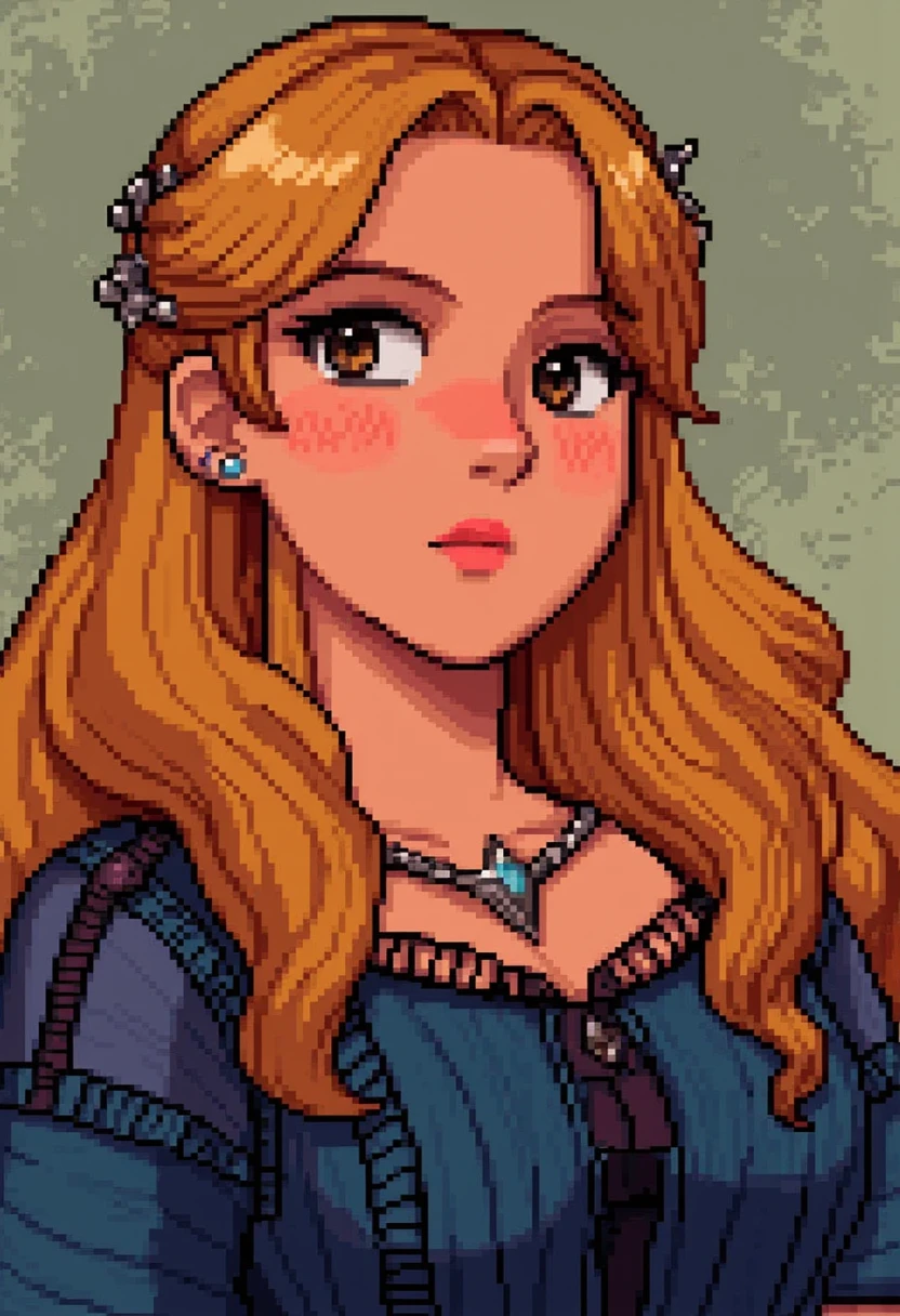 pixel art portrait of a princess with a pale complexion and long voluminous blonde hair, Her hair cascades down her shoulders in loose waves, with a few strands framing her face, sheer blue medieval robe with black lace trim