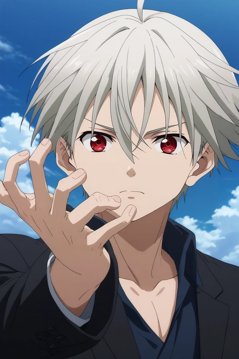 score_9, score_8_up, score_7_up, , rating_safe, , , looking at viewer, , 1boy, solo, male focus, <lora:yoshio_kobayashi_pony:1>, yoshio_kobayashi, grey hair, red eyes, short hair, hair between eyes, ahoge, wide angle, wide shot, cowboy shot, heaven, clouds, light, (dynamic pose), angry, suit,, <lora:sdxl_lightning_8step_lora:1>