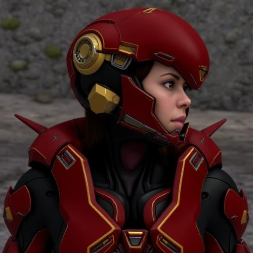 contemplative expression. She gazes slightly off to the right, This image is a high-resolution, glossy red color with intricate gold accents, angular edges. The armor's color scheme is primarily deep red with black accents, dressed in a high-tech, The image is a digital artwork featuring a woman in a futuristic, is predominantly red and black. Its armor is highly detailed and segmented, and a large