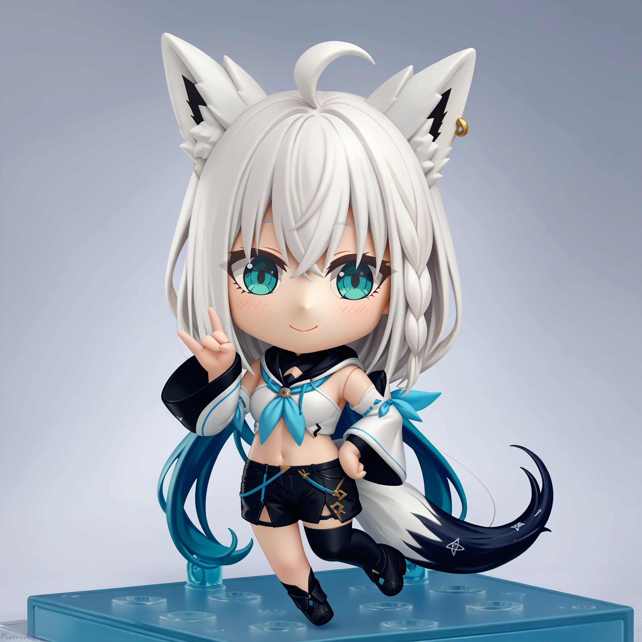 score_9, score_8_up, score_7_up, faux figurine, nendoroid, full body, figure, platform, solo, <lora:Nendoroid_pdxl_Incrs_v1:1>, <lora:shirakami_fubuki_sdxl_pony-4:1>, fubuki_base, white blouse, detached sleeves, black shorts, blue neckerchief, thigh strap, single thighhigh, white hair, single side braid, ahoge, piercing, fox tail, fox shadow puppet, hand on hip, smile, chibi