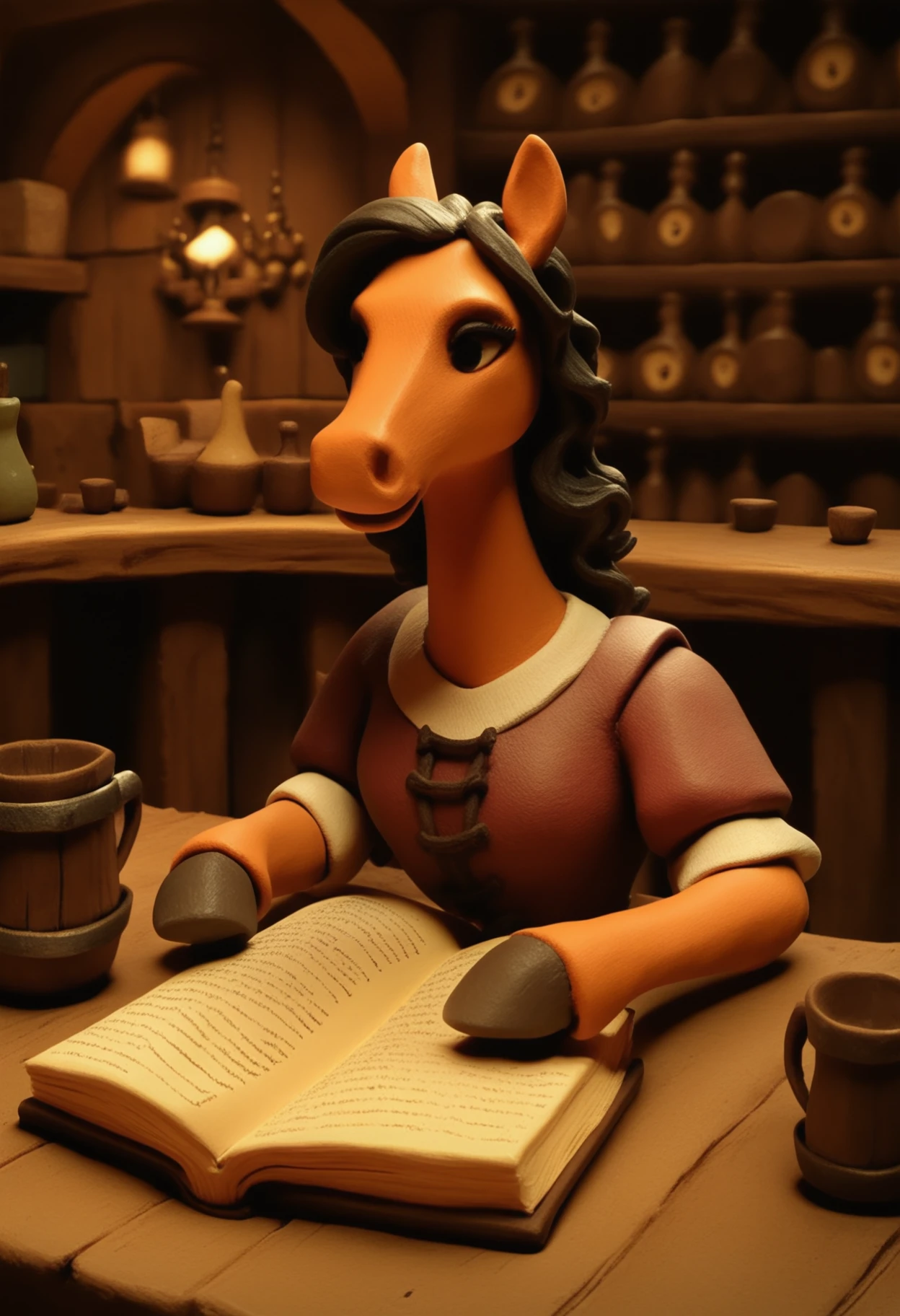 neverhoodstyle, clay, safe_pos, score_9, score_8_up, score_7_up, 1girl, solo, medieval fantasy, female horse, furry, reading a book, tavern, hooves