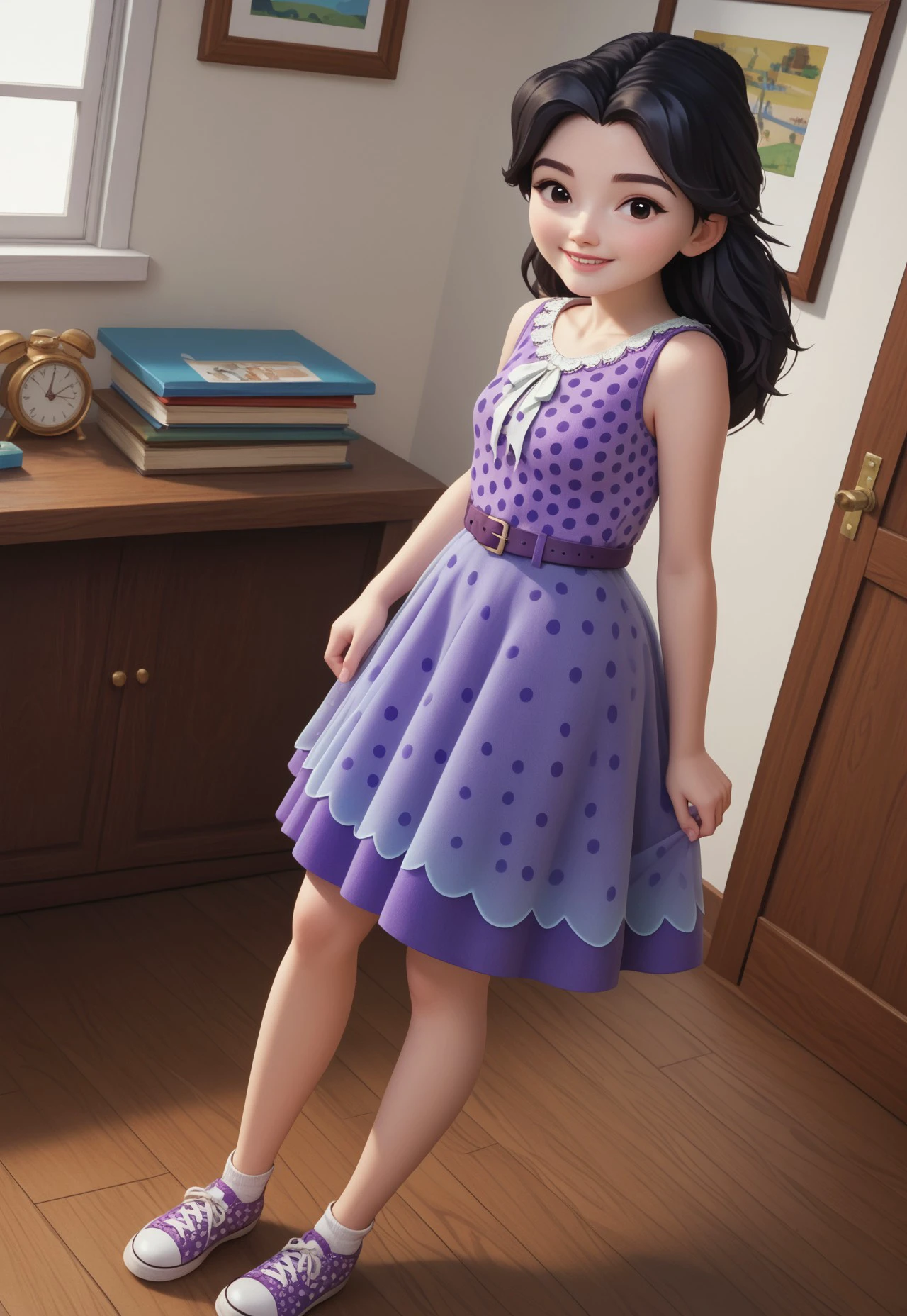 safe_pos, (zPDXL3) source_cartoon, solo, 1girl, full body, emma_lego, black hair, long hair, black eyes, polka dot dress, purple dress, sleeveless, belt, shoes, indoors, art gallery, sexy, dynamic angle, looking at viewer, smiling,