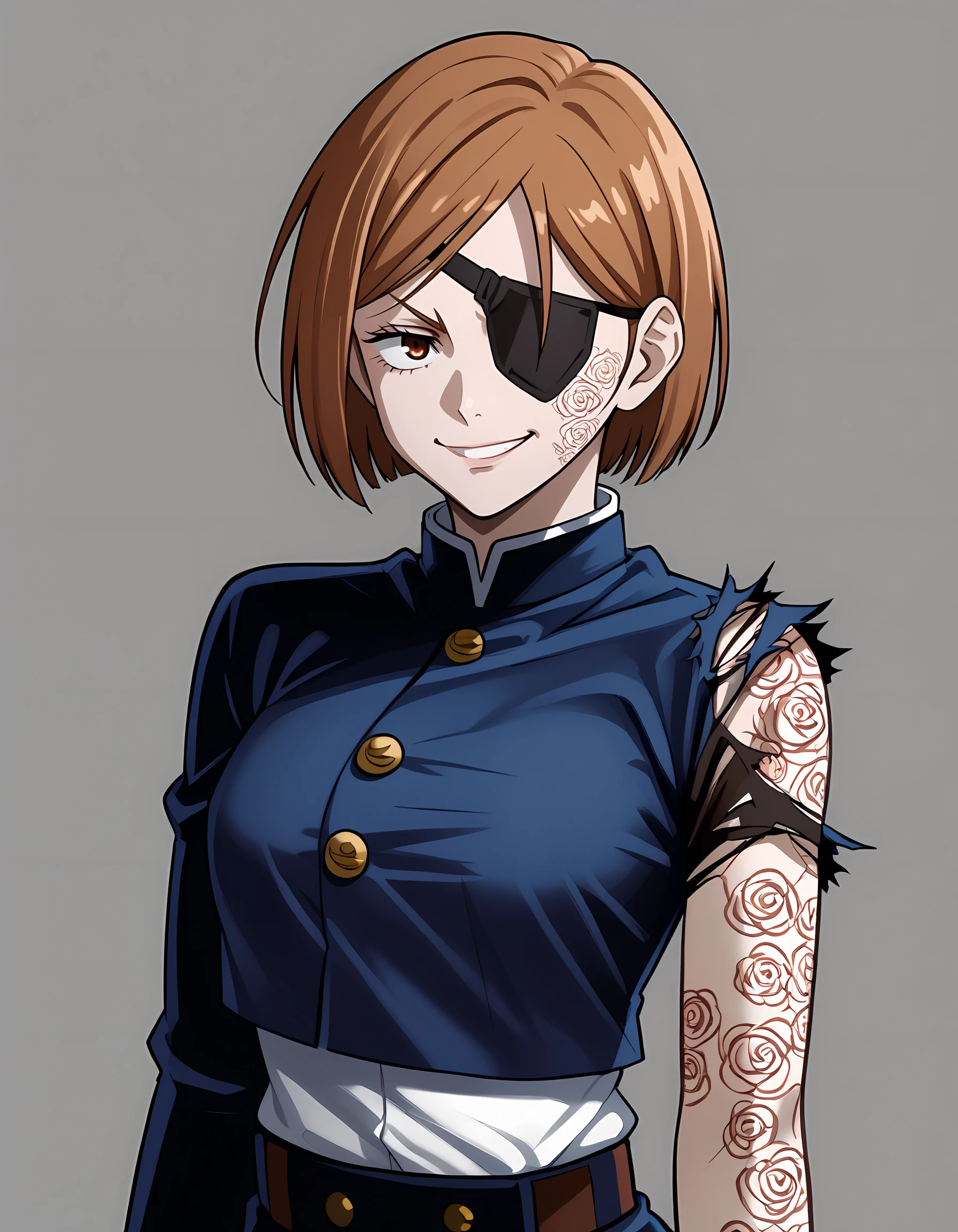 <lora:Nobara_v2:1>1girl, n0bara, jujutsu tech uniform, eyepatch, torn sleeve, body markings, smirk, simple background