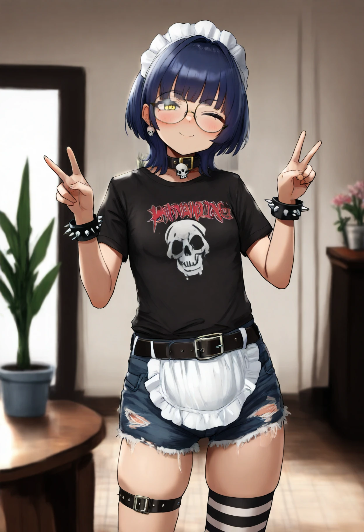 best quality, amazing quality, very aesthetic, cowboy shot, <lora:Gishiki:1>, solo, 1girl, blue hair, short hair, blunt bangs, yellow eyes, (unconventional maid, maid headdress, maid apron), goth fashion, skull earrings, black choker, belt collar, black shirt, print shirt, short sleeves, denim shorts, cutoffs, single thighhigh, striped legwear, thigh strap, torn legwear, skindentation, black bracelet, spiked bracelet, glasses, round eyewear, standing, head tilt, v, one eye closed, smile, looking at viewer, facing viewer, blush, indoors, room, table, potted plant, flower, <lora:Simulacrum-v12-LUXL-LOHA-lr0005-v3:1>