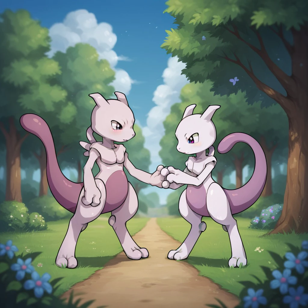 score_9, score_8_up, score_7_up, score_5_up, source_furry, lilmewtwo, young feral, mewtwo, male, holding hands with renamon, at the park, <lora:8b9f2230-5ae8-407a-859c-b409958fad21:0.7>