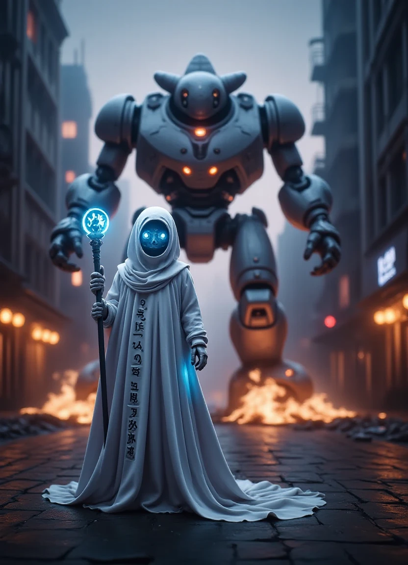 A surreal, cyberpunk cityscape at dusk with a lone figure in the foreground wearing a white Dromaeosaurus-inspired costume and holding a glowing blue staff adorned with ancient runes, while in the background a massive, city-destroying mech DonM5H3375FX smashes through the streets.