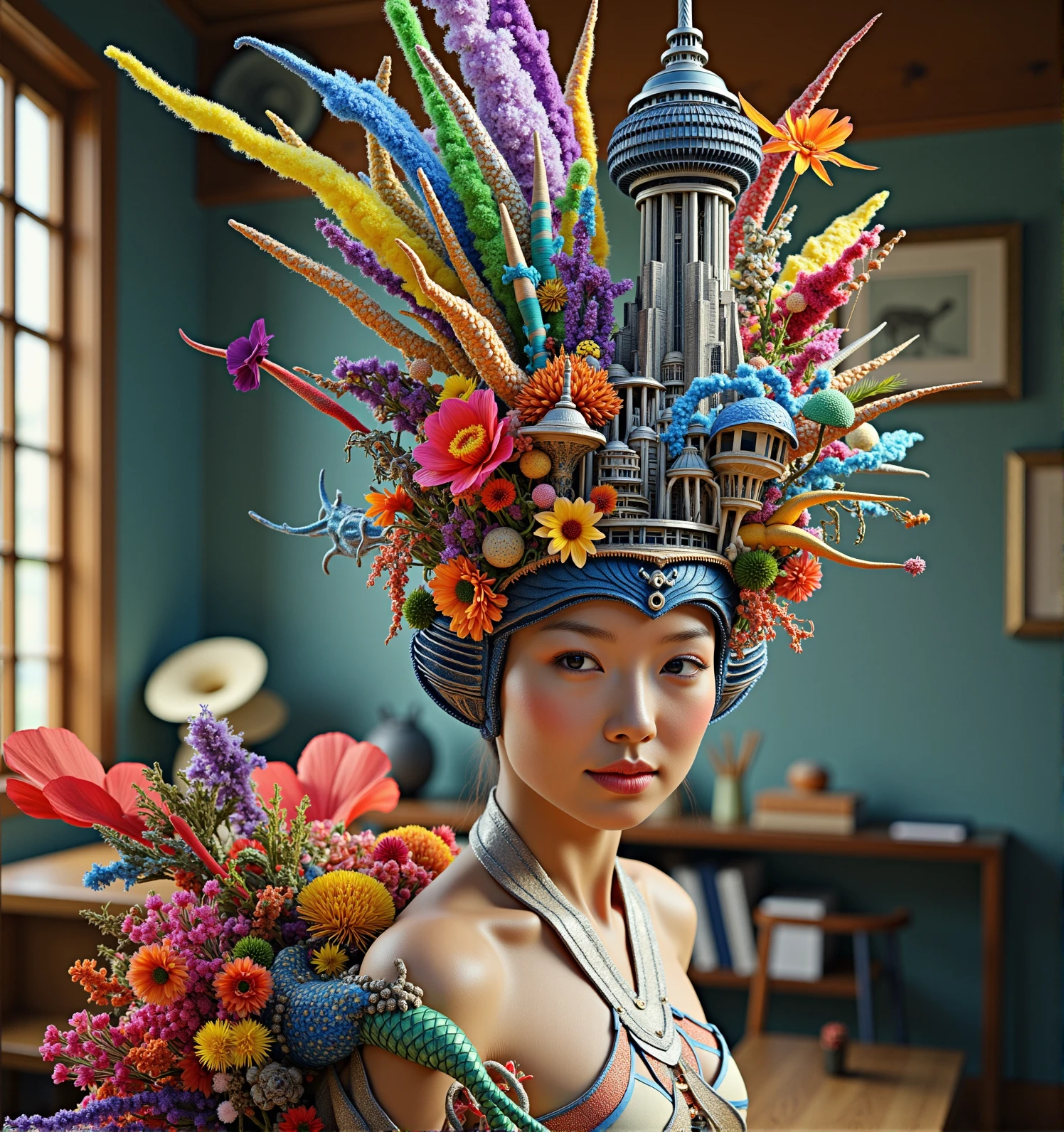 fantastical-headdress with the Tokyo Skytree building,a beautiful Japanese woman sitting in the house