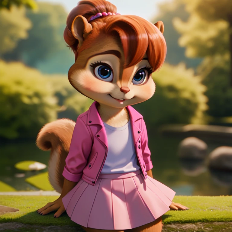 brittcgi, female chipmunk, auburn fur, auburn hair, pink jacket, plain white shirt, pink skirt, small hairbun, looking at viewer, cute, serene